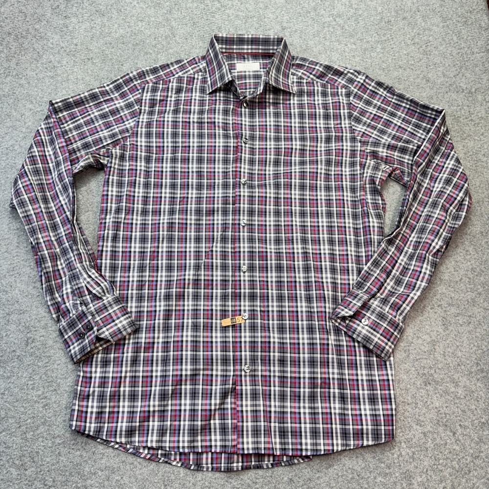 Eton Dress Shirt Contemporary Plaid Grey/Red/Blue Cotton 16 (41) Contemporary